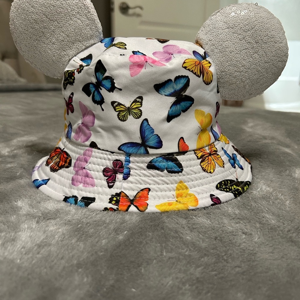 Disney White Hat with Colorful Butterflies and Silver Ears